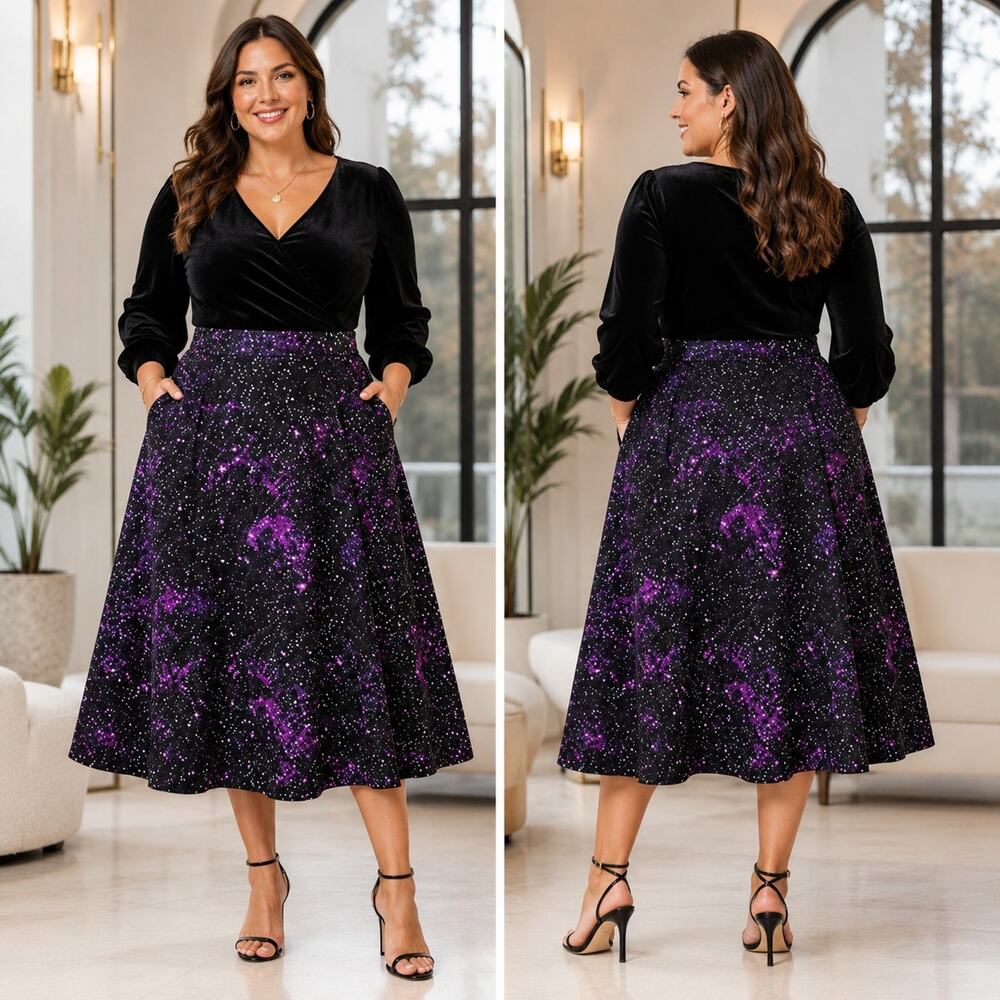 Tulip B Womens X-Large NWT Black Purple Galaxy Print A Line Midi Skirt Pockets
